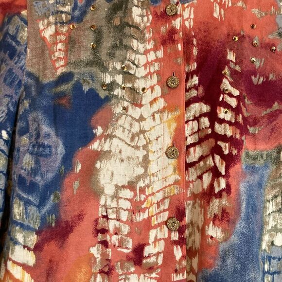 c.l.o.t.h.e.s. Tunic Top Womens Small Linen Watercolor Mandarin Collar Boho - Picture 9 of 13